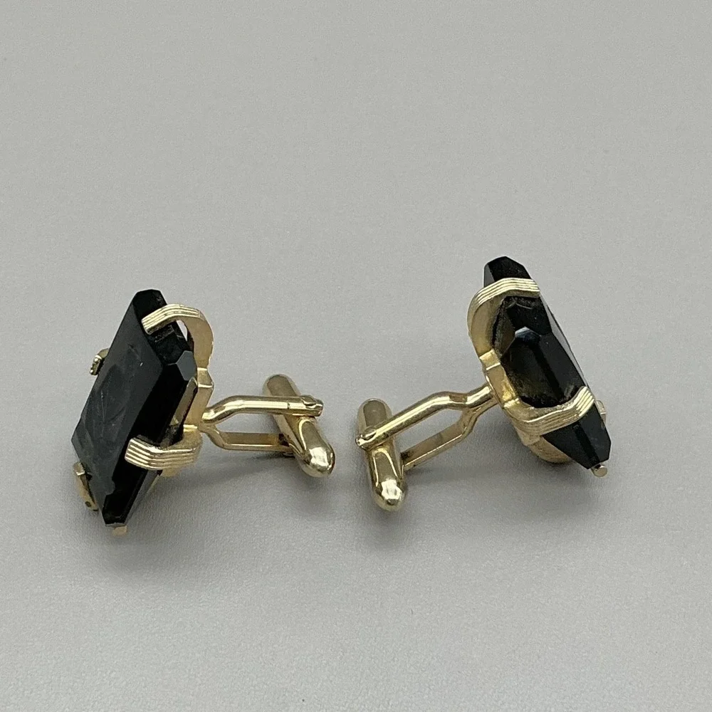 Vintage Mens Cufflinks Gold Tone Black Intaglio Figure Stone Bullet Back Jewelry